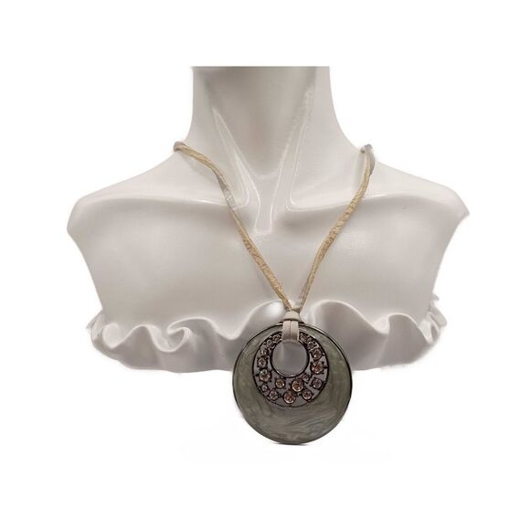 Lia Sophia Circle Enamel with Clear Rhinestones on Leather Strap Necklace - Picture 1 of 9